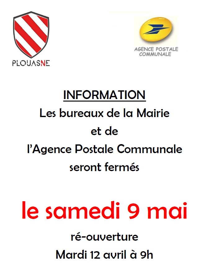 Fermeture Mairie et Poste Samedi 9 mai 2026