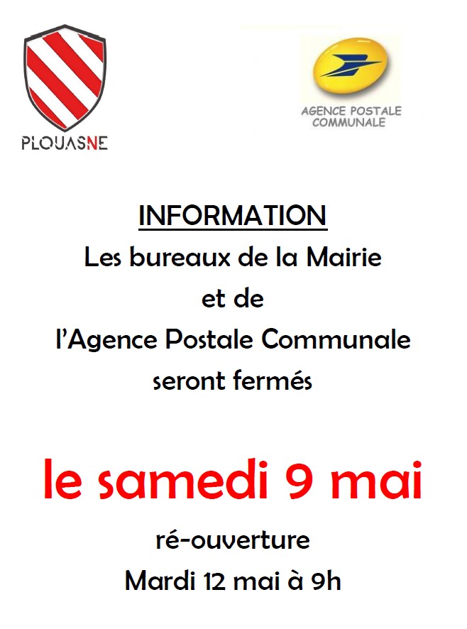 Fermeture Mairie et Poste Samedi 9 mai 2026
