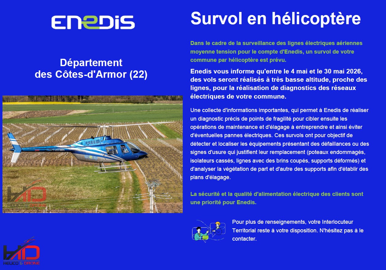 Visite ENEDIS par hélicoptère Département des Côtes-d’Armor (22)