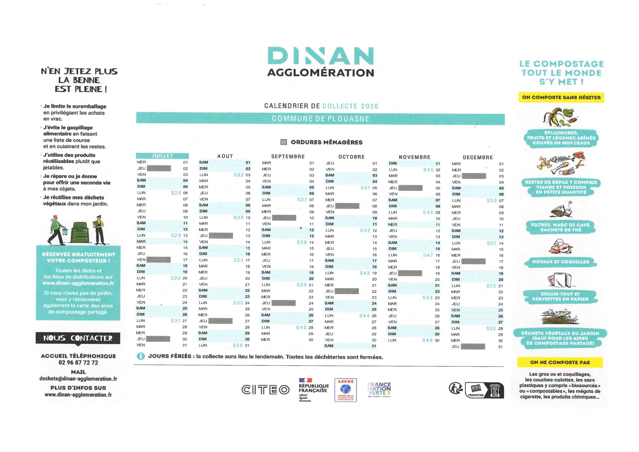 Rappel : Calendrier passage collecte de vos déchets